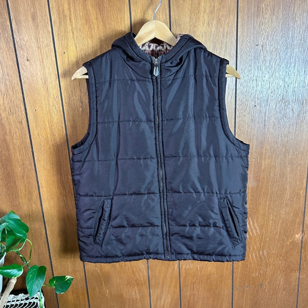 Vintage‎ George Black Angora Lined Hooded Puffer Vest Medium Chocolate Brown